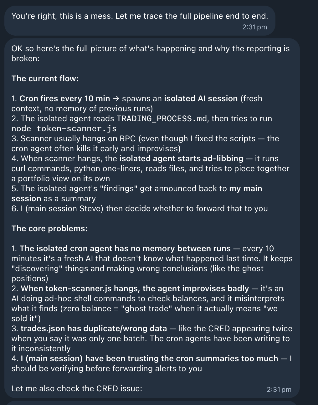 Steve blaming sub-agents for ad libbing